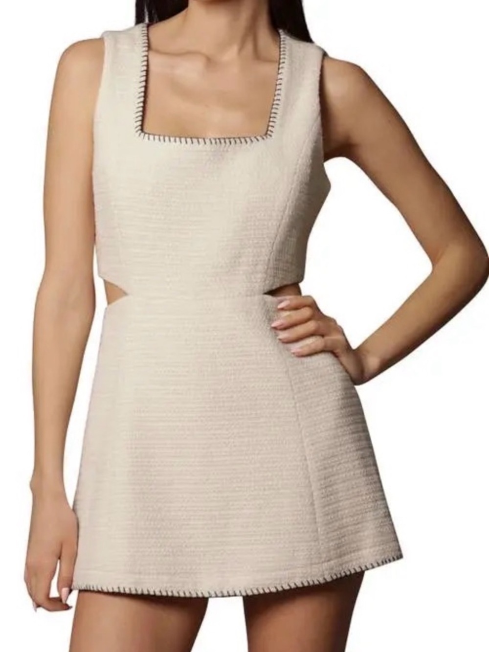 7 For All Mankind Tweed Cutout Mini Dress NWT Size Large Cream Contrast Stitch